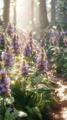 Obraz premium A serene forest scene featuring vibrant purple flowers blooming among lush green ferns, illuminated by soft sunlight filtering through the trees, creating a tranquil atmosphere.
