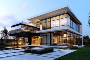 Modern luxury house with glass walls, pool, and landscaping at dusk.