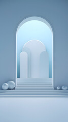 Minimalist Stage Display with C4D, Medium Scene, Soft Dreamlike Depiction, Atmospheric Tranquility, Light Blue and White, OC Rendering Technique.