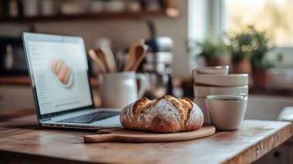 Homemade sourdough bread on kitchen table next to laptop displaying baking recipe.