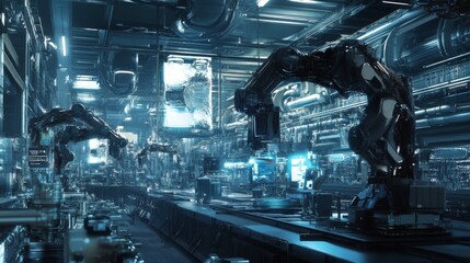 Futuristic factory interior with robotic arms and advanced technology.