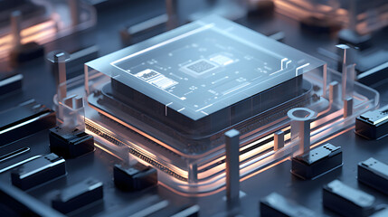 Isometric 3D CPU Close-Up, Transparent Technology Sense, Minimalist Icon Design, Clean Lines, Contemporary Style, Mechanical Keyboard, Semi-Transparent Frosted Glass Texture.