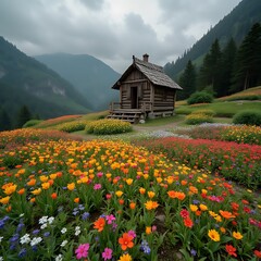 Fototapeta premium Rustic Mountain Cabin Surrounded by Vibrant Wildflower Meadow Against Dramatic Sky