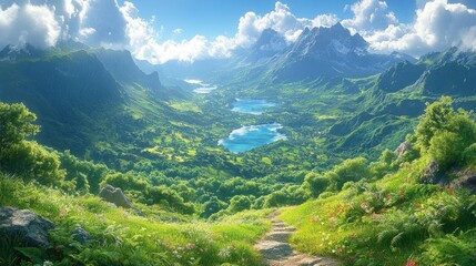 Fototapeta premium Mountain valley, lakes, path, lush green landscape.
