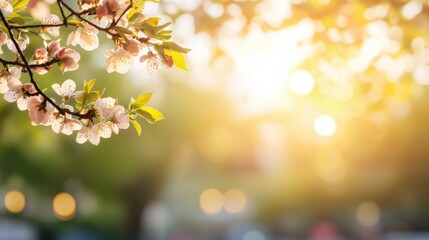 Fototapeta premium Colorful and Playful Spring Scene with Blooming Trees Illuminated by Soft Sunlight