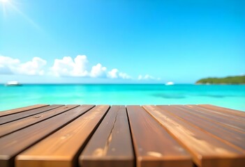 Fototapeta premium Wooden dock overlooking a tropical beach with turquoise water and a clear blue sky