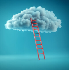 Climbing a red ladder to reach fluffy clouds in a bright blue sky