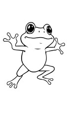 Obraz premium “Silly Frog Jumping Outline Only, No Fill Color, Thicker Line” – A thick-lined doodle of a frog mid-jump with a surprised expression, drawn as an outline with no fill color on a white background. 