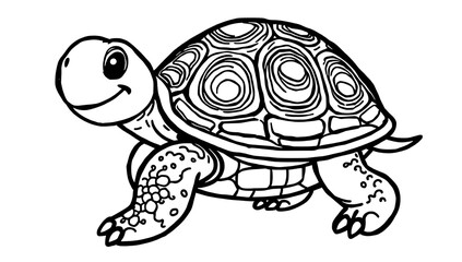 Fototapeta premium “Smiling Turtle Outline Only, No Fill Color, Thicker Line” – A doodle of a turtle with a big smile and a patterned shell, drawn with thick outlines and no fill color on a plain white background. 