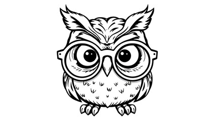 Fototapeta premium “Funny Owl with Oversized Glasses Outline Only, No Fill Color, Thicker Line” – A doodle of an owl with huge round glasses, drawn in a thick-lined outline style with no fill color on a plain white back