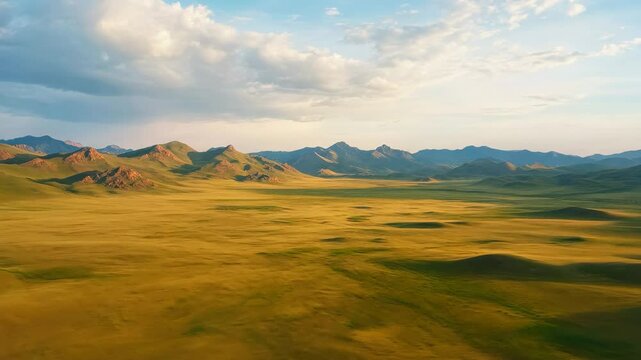 Exploring the vast steppe and mountain landscapes of Ork at sunset, Aerial view of steppe and mountains landscape in Orkhon valley, Mongolia,