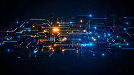 Obraz premium Digital Pathways: Abstract glowing circuit board pattern. Futuristic technology background with blue and orange illuminated lines, nodes, and digital data streams. Perfect for tech, innovation.