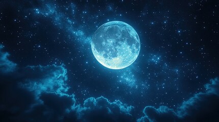 Full moon, starry night, cloudy sky.