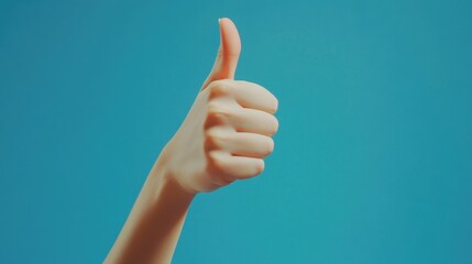 Positive Feedback Concept - Hand Thumbs Up on Blue Background
