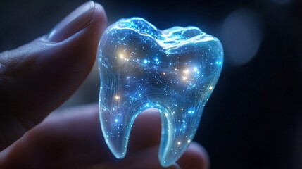 A glowing, cosmic tooth held in a hand, symbolizing dental health and care.