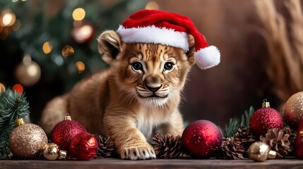 Obraz premium Adorable lion cub wearing Santa hat amidst Christmas ornaments. (1)