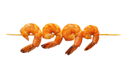 Roasted peeled prawn with skewer, Grilled shrimp isolated on transparent white background, clipping path