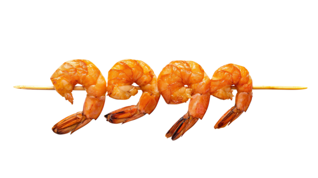 Roasted peeled prawn with skewer, Grilled shrimp isolated on transparent white background, clipping path