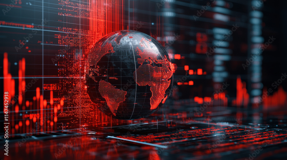 Leinwandbilder high resolution image of globe with fluctuating currency data, showcasing digital world in red tones