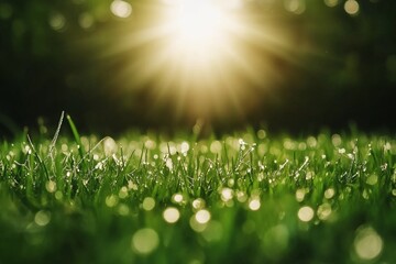 Dew-kissed grass illuminated by sunlight.