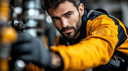 Fototapeta premium Engineer in yellow jacket inspecting machinery with focus and determination. image captures essence of precision and professionalism in technical environment