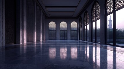 Fototapeta premium An empty grand hall featuring traditional Islamic arched windows and a polished marble floor reflecting the soft light.