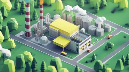 Electric vehicles charging at a sustainable energy factory with surrounding green landscape