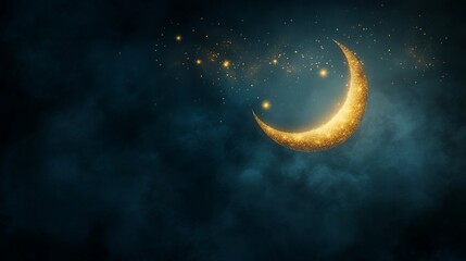 A serene crescent moon shines brightly against a deep blue sky filled with shimmering stars.