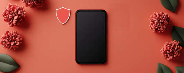 Protecting Privacy from Spam Calls and Scams. A sleek black smartphone is centered on a vibrant orange background, surrounded by colorful flowers and a protective shield icon.