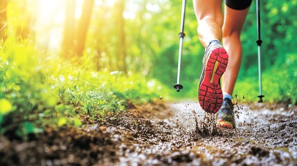 Runner splashing through mud during a trail run