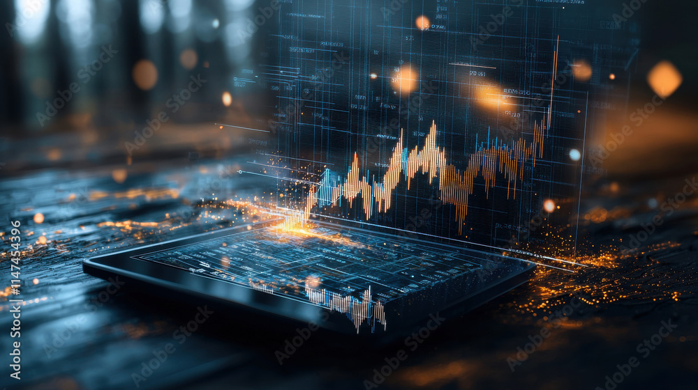 Leinwandbilder digital tablet displaying fluctuating currency graphs and data trends, surrounded by futuristic ambi