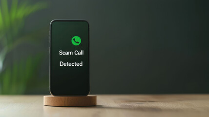 Protecting Privacy from Spam Calls and Scams. A smartphone displays a "Scam Call Detected" notification, highlighting the importance of call protection and security in modern communication.