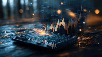 digital tablet displaying fluctuating currency graphs and data trends, surrounded by futuristic ambiance. glowing elements enhance technological feel of scene