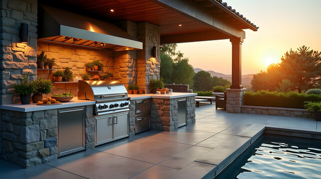 Luxury outdoor kitchen at sunset, overlooking a tranquil pool and stunning mountain views.  Perfect evening ambiance.