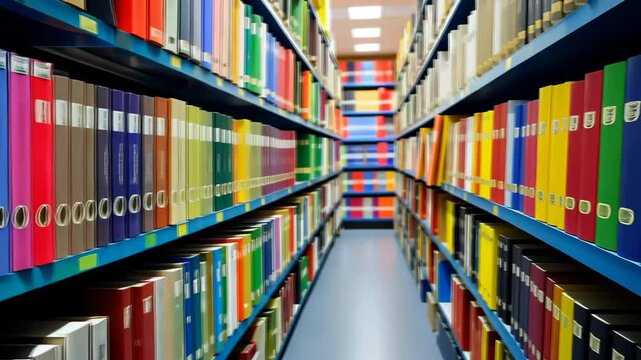 A vibrant array of colorful binders fills the shelves of a library aisle, showcasing a serene environment perfect for studying or research during daytime.