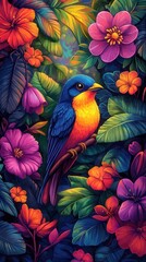 Fototapeta premium A vibrant illustration of a colorful bird perched among lush flowers and foliage, showcasing nature's beauty.