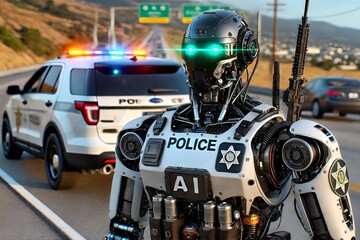 Advanced AI Robot Police Sheriff on Road Duty - Realistic Close-Up