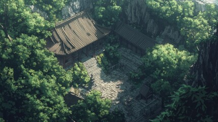 Secluded mountain temple nestled in lush greenery, viewed from above.