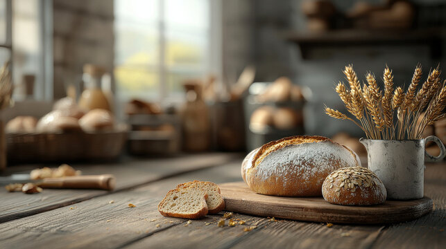 Freshly baked bread on wooden table with wheat stalks, creating warm and inviting atmosphere in rustic kitchen. scene captures essence of homemade baking