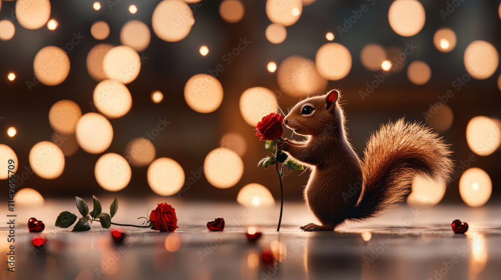 Poster cute squirrel holding red rose amidst dreamy bokeh background, creating whimsical and enchanting atm