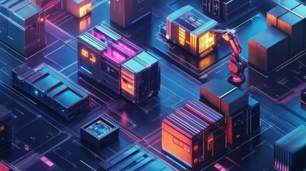 Futuristic logistics management system with robotic arms packing boxes and dynamic dashboards