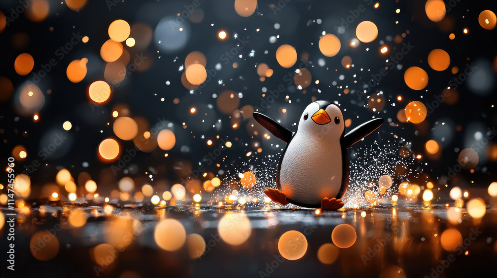 Poster cheerful penguin figurine surrounded by sparkling bokeh lights creates whimsical and joyful atmosphe