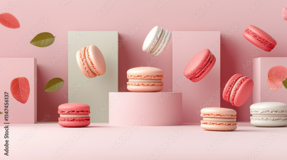 Poster delightful macarons in various colors float above pastel blocks and leaves, creating whimsical and v