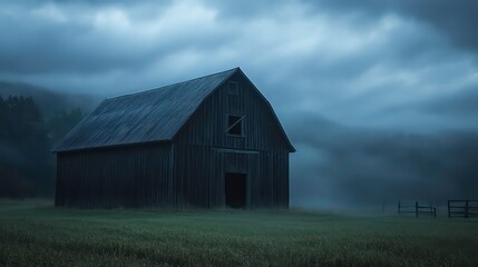 Old wooden barn in a foggy field at dawn.