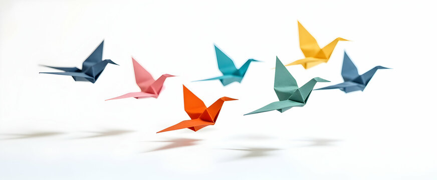Seven vibrant origami birds soar gracefully against a stark white backdrop, creating a serene and harmonious scene.  A masterpiece of paper art.