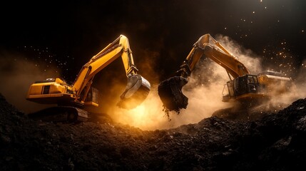 Two excavators working in a dusty construction site.