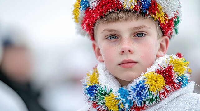 Close-up portrait of a young boy wearing a traditional white costume decorated with colorful pom-poms during a winter festival.