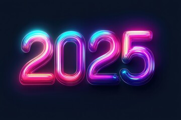 3D typography "2025", neon gradient tones, glowing effect, dark minimalist background, modern futuristic aesthetic, space for text, New Year banner, header, vibrant digital backdrop, holiday design.