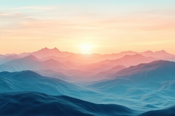 Serene Landscape of Rolling Hills at Sunrise/Sunset, layered mountains, pastel hues, colorful sky, tranquil scenery, peaceful nature