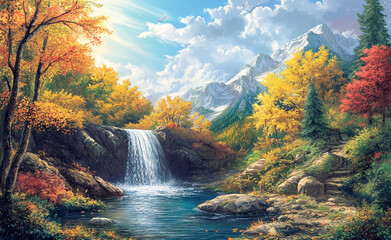 Waterfall cascading into a serene lake surrounded by autumn foliage in the mountains. 